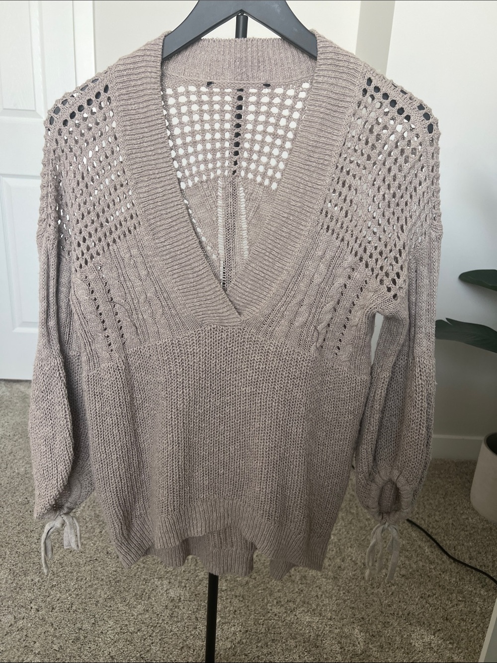 Open-Knit V-Neck Women’s Sweater in Taupe